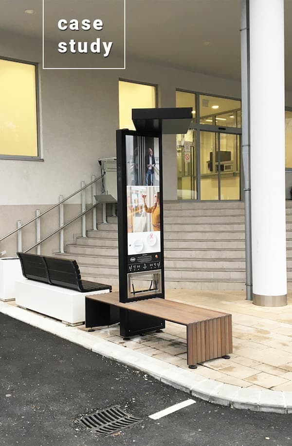 Hospital entrance with Smart Bench and Signboard